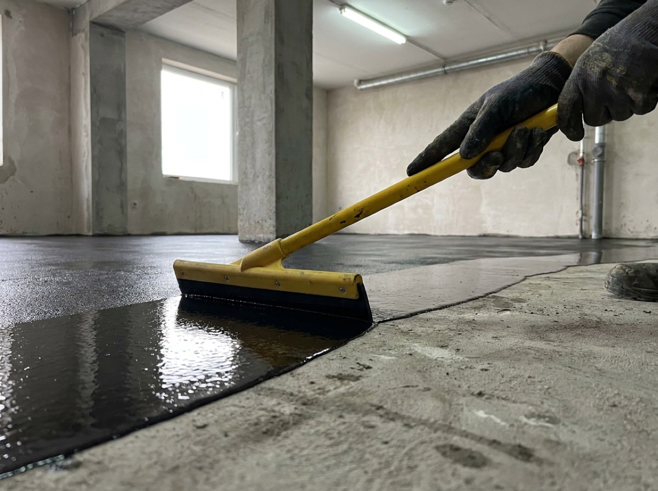 Installer pulling epoxy base coat across concrete with a squeegee