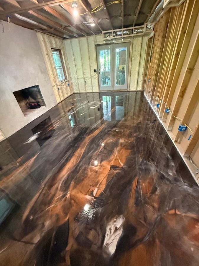Copper Storm metallic floor on a real job — basement