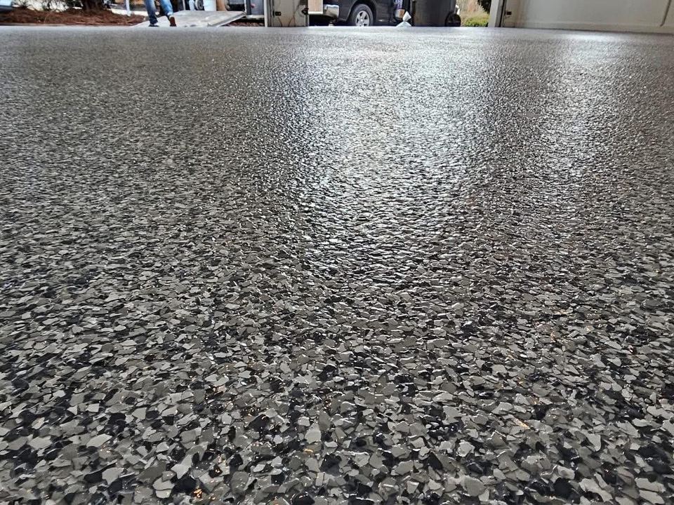 Grey flake, garage — a real floor finished by Epoxy Living