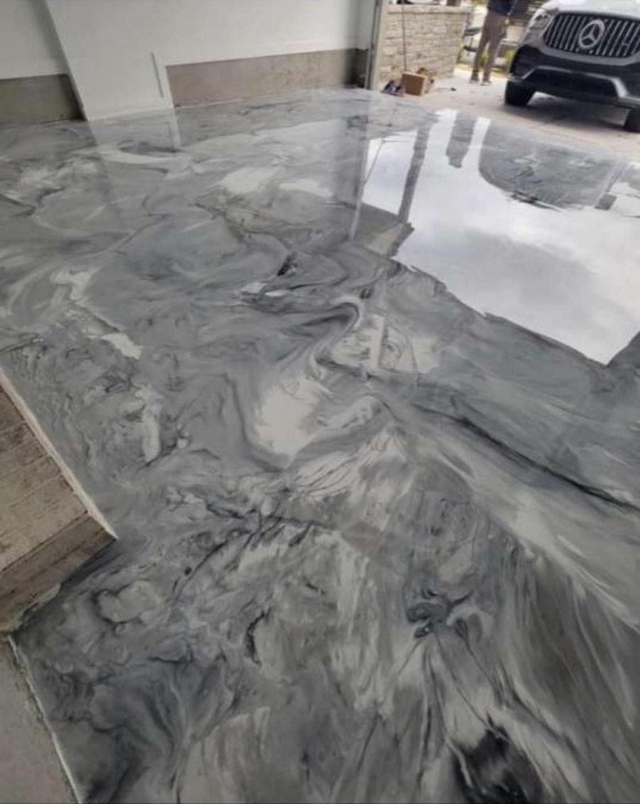 Grey & white metallic, garage — a real floor finished by Epoxy Living