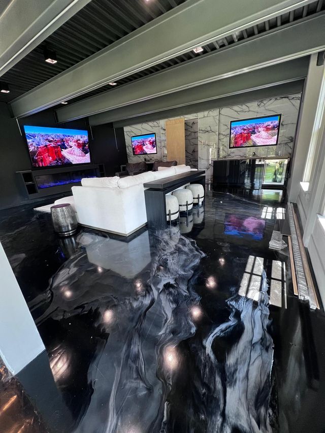 Black & white metallic, game room: metallic epoxy floor, home interior