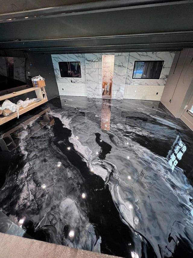 Black & white metallic, lounge: metallic epoxy floor, home interior