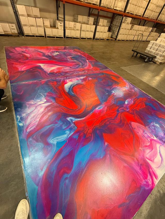 Red, pink & blue metallic, demo pour: metallic epoxy floor, commercial