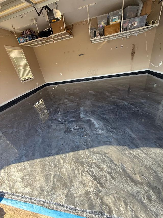 Grey metallic, garage with overhead storage: metallic epoxy floor, garage