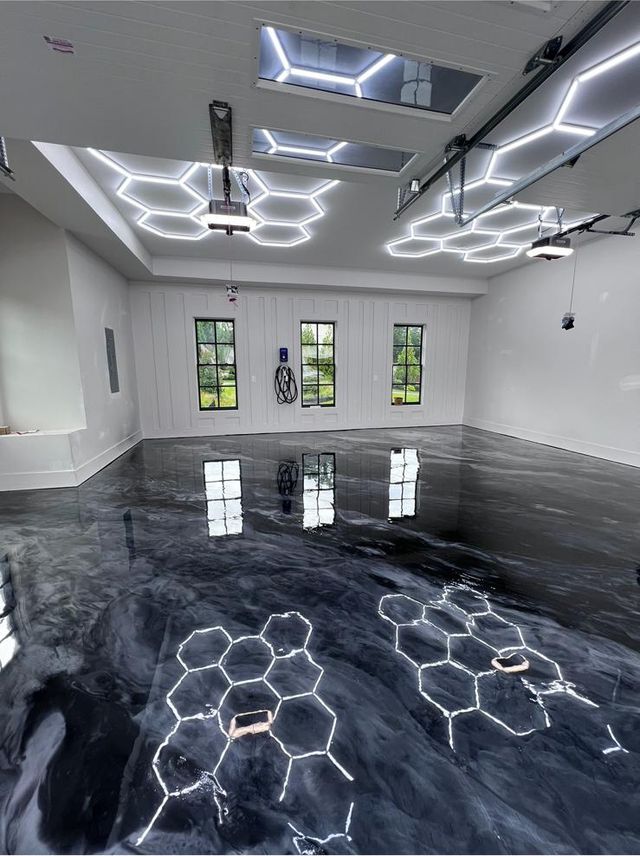 Charcoal metallic, garage with hex lights: metallic epoxy floor, garage
