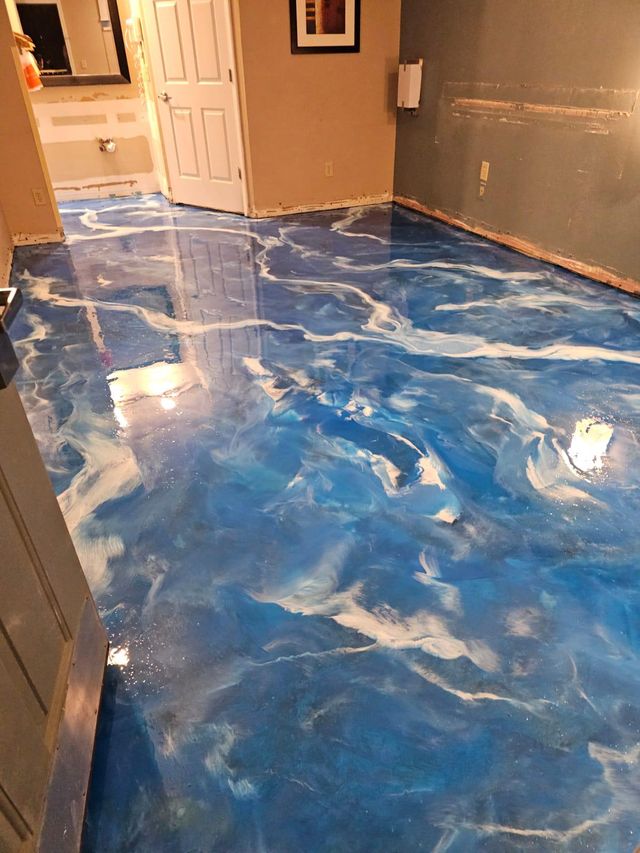 Blue, white & gold metallic: metallic epoxy floor, home interior