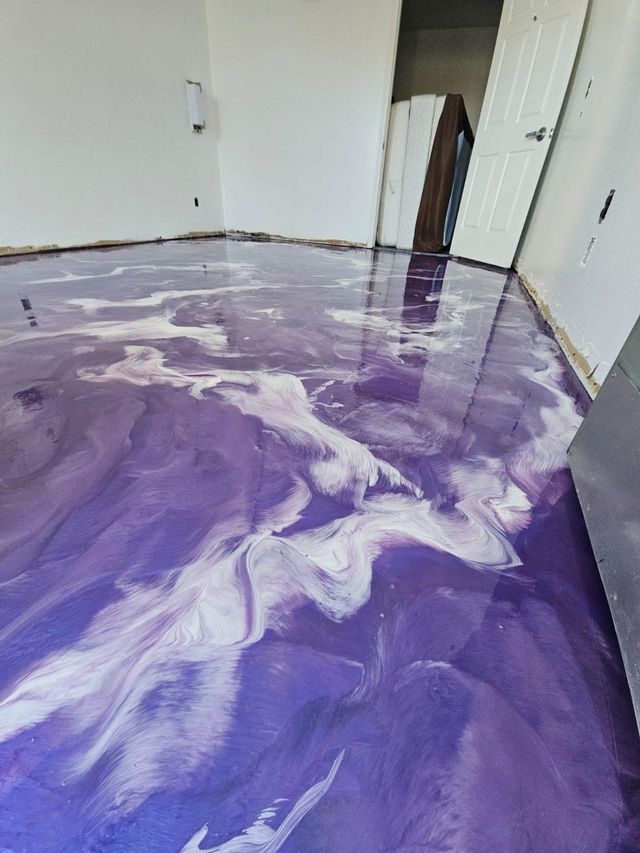 Purple & white metallic: metallic epoxy floor, home interior