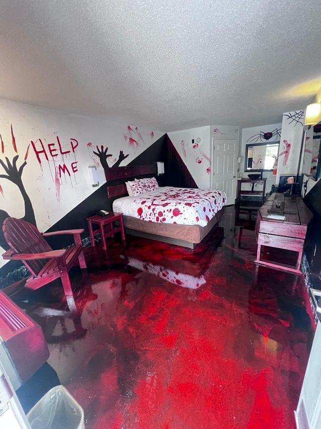 Red & black metallic, themed bedroom: metallic epoxy floor, home interior