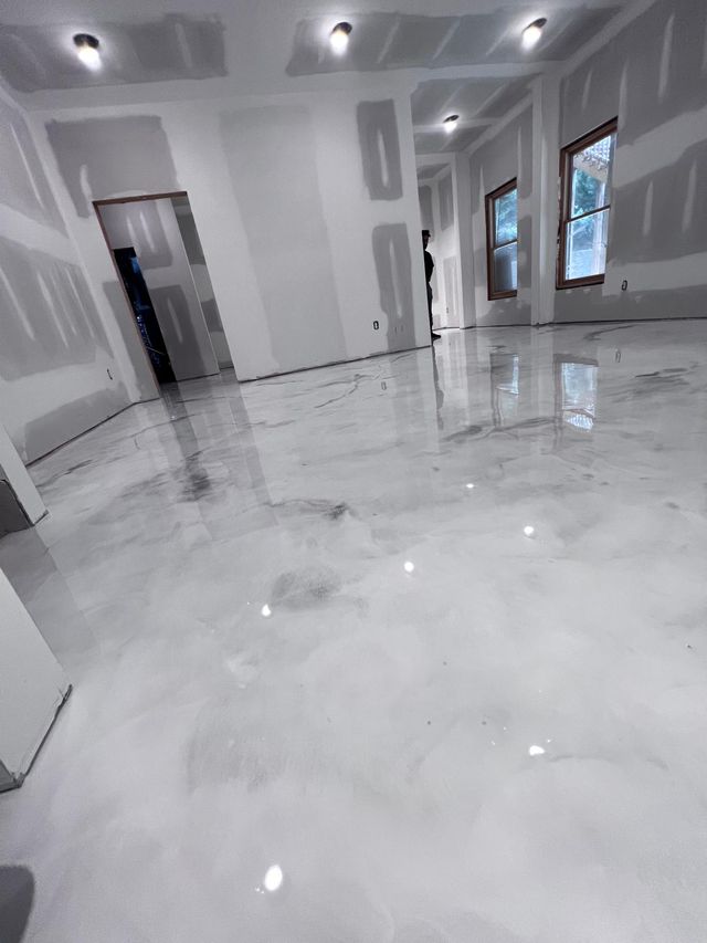 White & grey metallic, new build: metallic epoxy floor, home interior