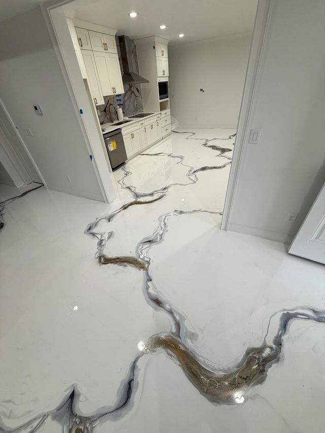 White metallic with gold veining, kitchen: metallic epoxy floor, home interior