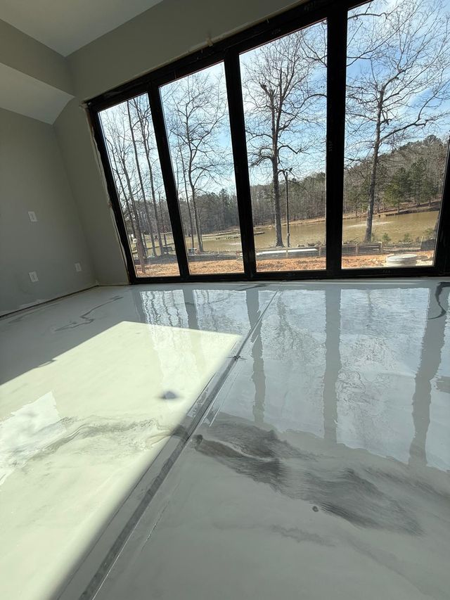 White metallic, room with a wall of windows: metallic epoxy floor, home interior